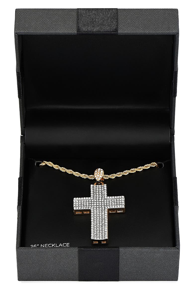 Men's Two-Tone Stainless Steel Pavé Cubic Zirconia Cross Pendant Necklace, Alternate, color, GOLD/ SILVER