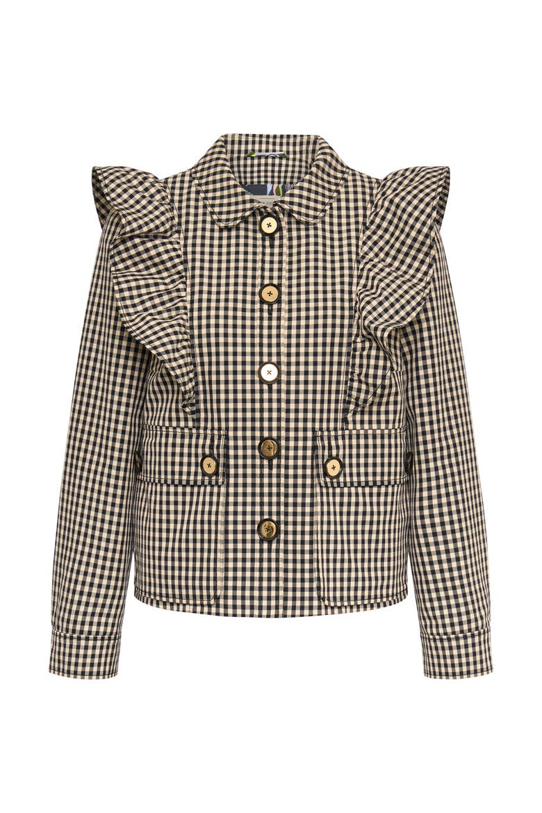 Gingham Outdoor Jacket With Ruffles, Main, color, Blach / Sand