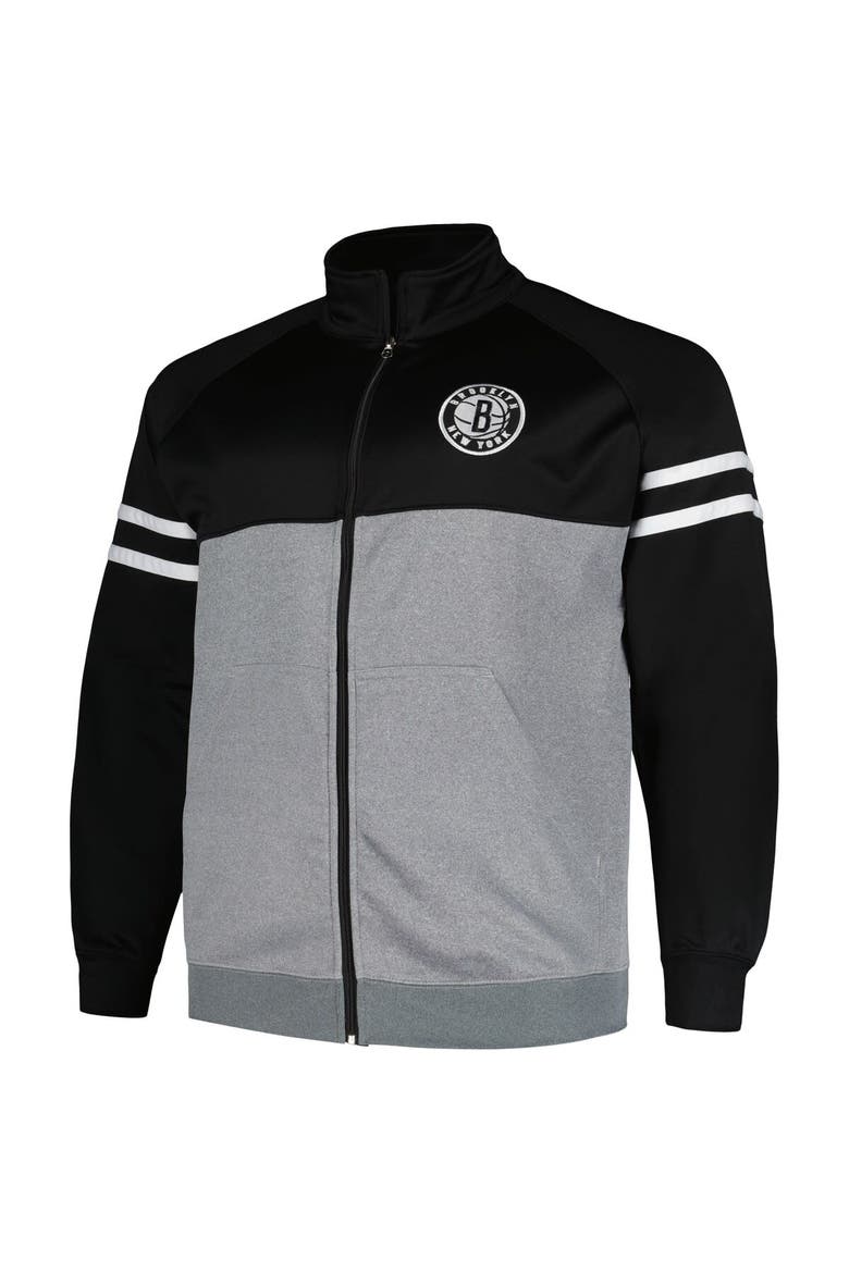 Men's Fanatics Branded Black/Heather Gray Brooklyn Nets Big & Tall Pieced Stripe Raglan Full-Zip Track Jacket, Alternate, color, Black