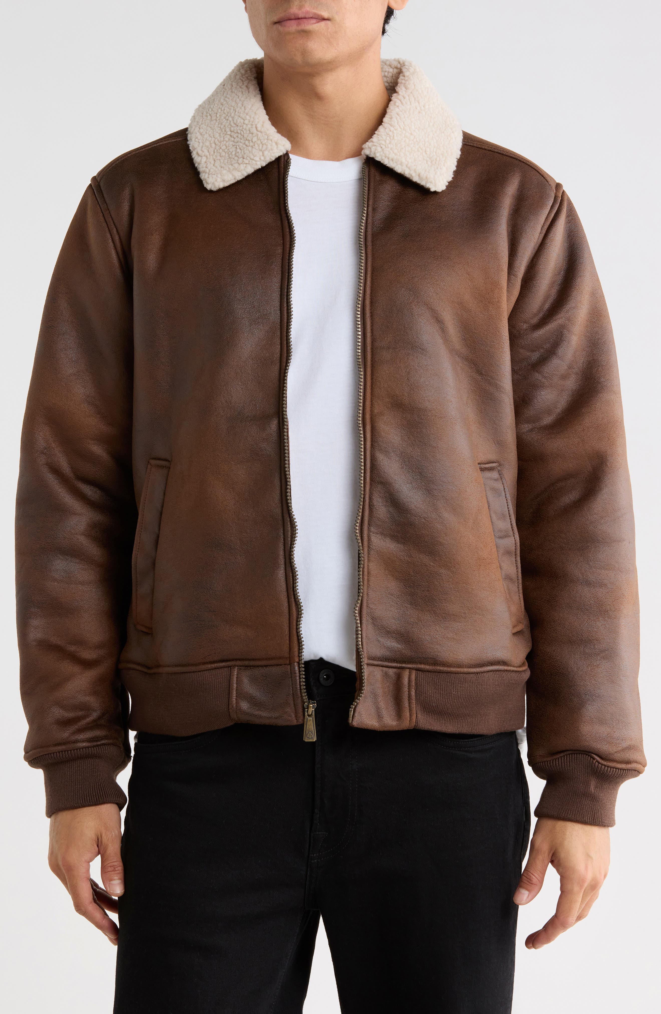 Faux Shearling Lined Faux Nubuck Bomber Jacket
