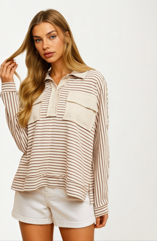 KNIT & LOUNGE KNIT AND LOUNGE STRIPED LONG SLEEVE WAFFLE KNIT PULLOVER TOP