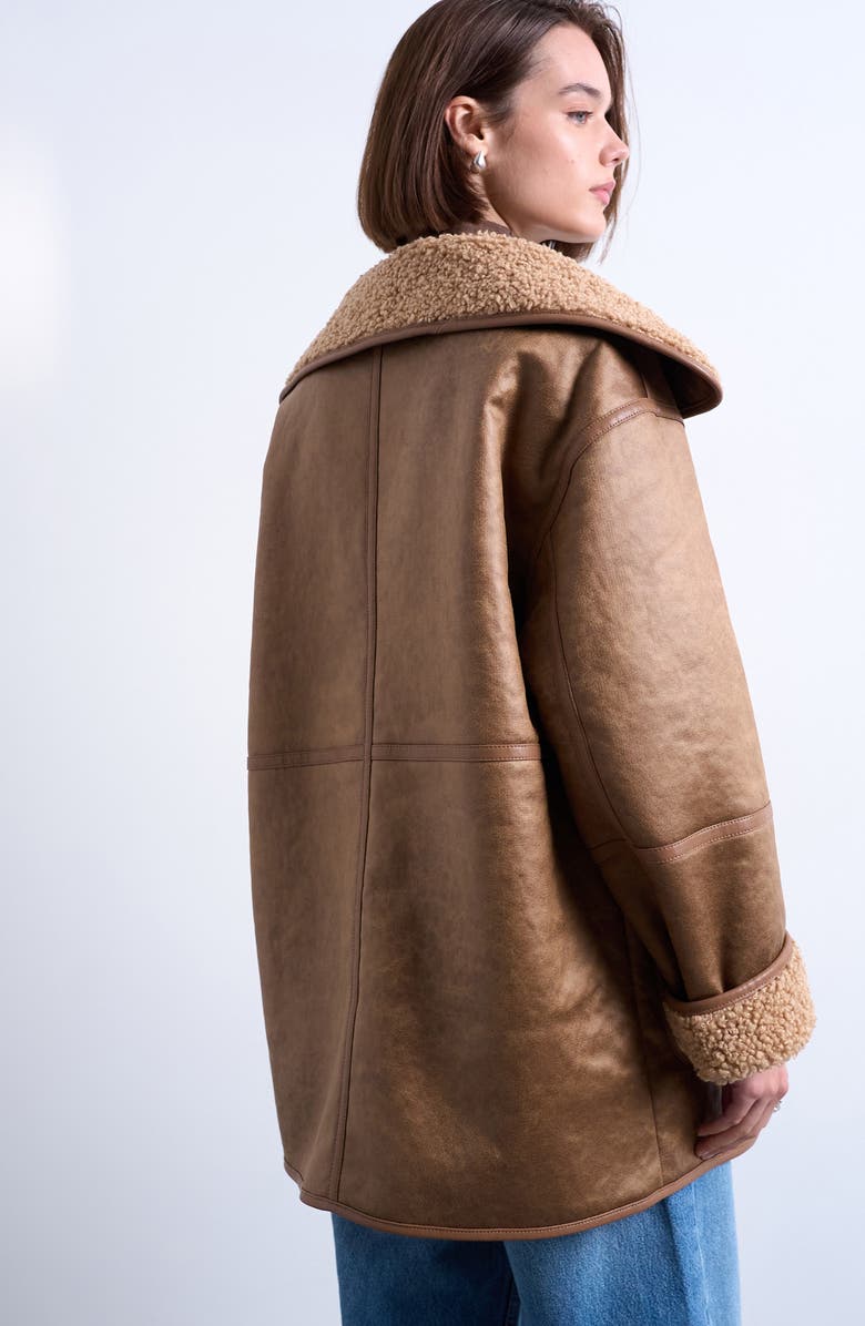 Topshop Patch Pocket Faux Shearling Coat, Alternate, color, Tan