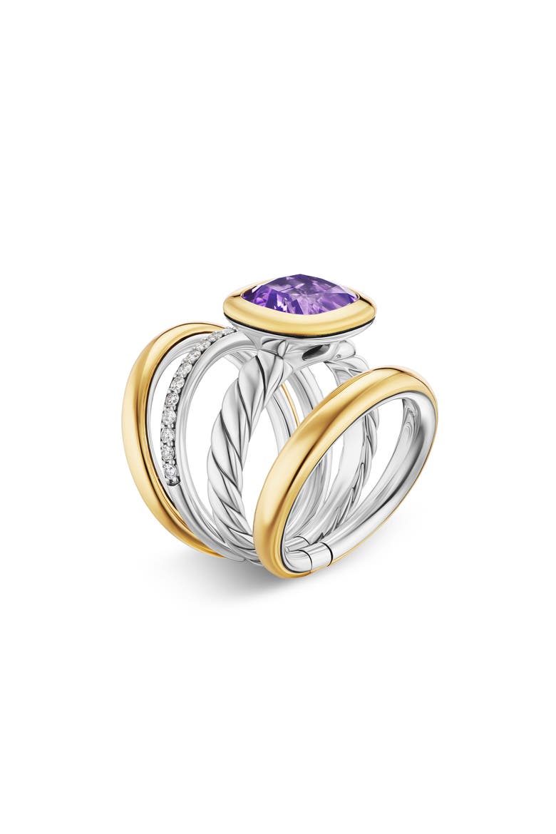 DY Mercer® Four Row Stone Ring in Sterling Silver with 18K Yellow Gold, Amethyst & Diamonds, 14mm, Alternate, color, AMETHYST