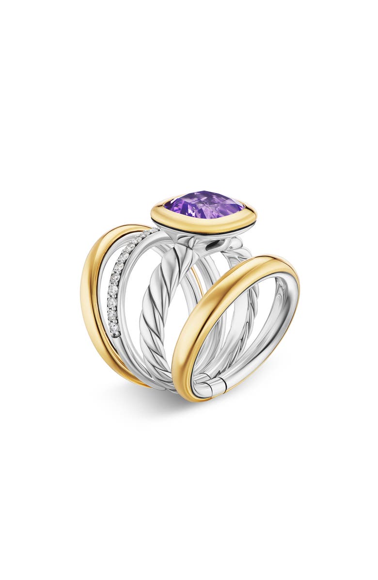 David Yurman DY Mercer<sup>®</sup> Four Row Stone Ring in Sterling Silver with 18K Yellow Gold, Amethyst & Diamonds, 14mm, Alternate, color, Amethyst