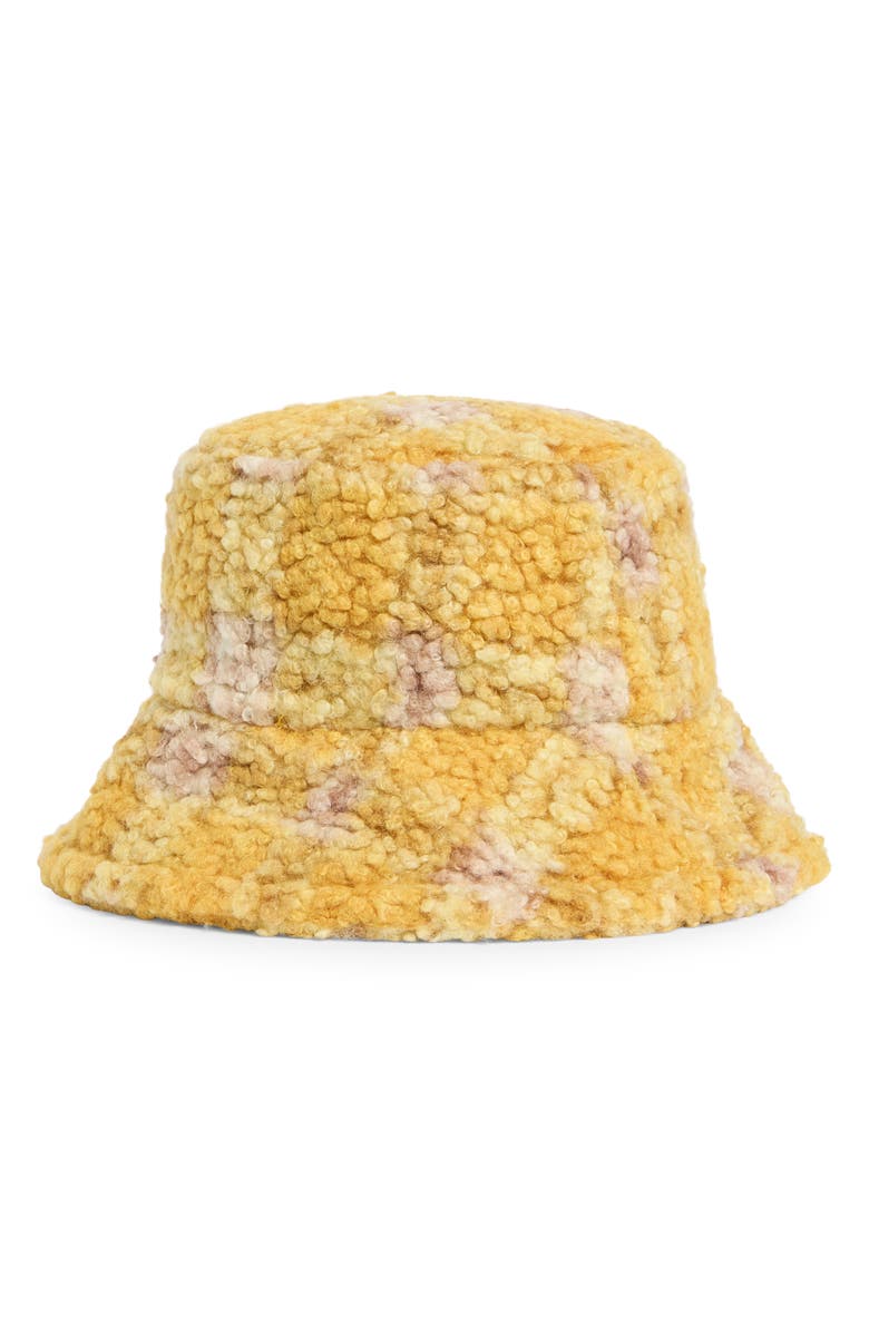 AREA STARS Plaid Faux Shearling Bucket Hat, Alternate, color, Mustard