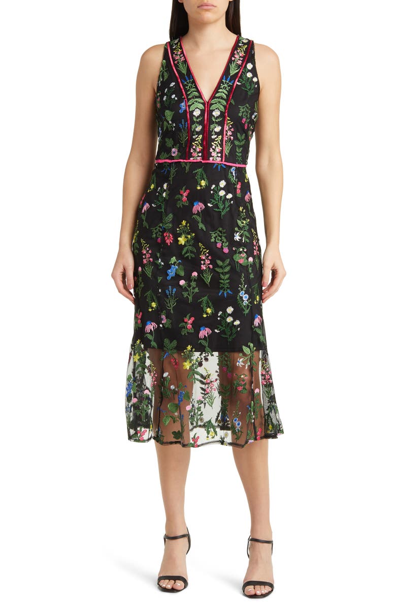 Sam Edelman Botanical Embroidered Semisheer Sleeveless Dress, Main, color, Black Multi