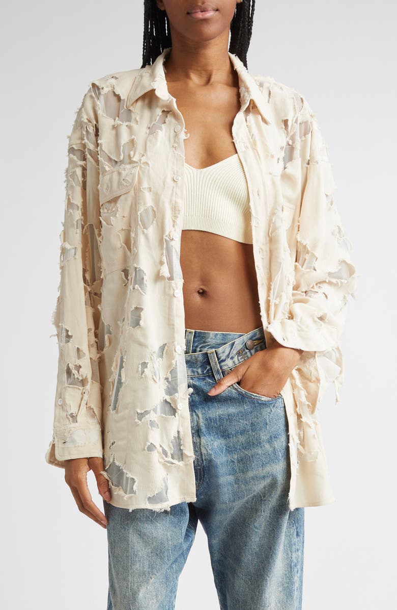 R13 Ripped Button-Up Shirt, Main, color, Beige