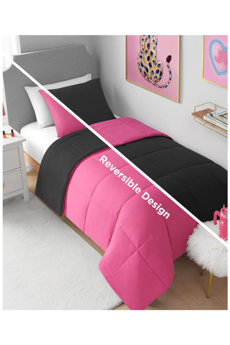 Reversible Box Stitch Comforter & Sham Set, Alternate, color, BLACK/ HOT PINK
