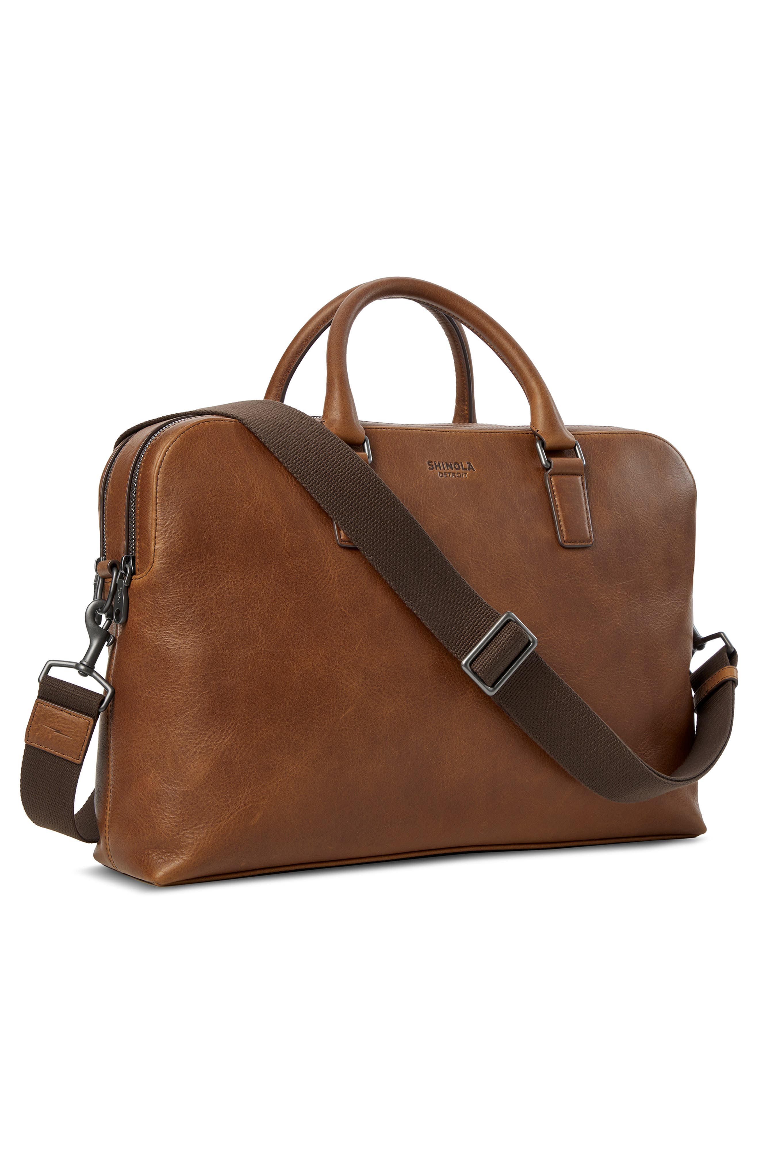 Shinola Double Zip Navigator Leather Briefcase, Alternate, color, Medbrown