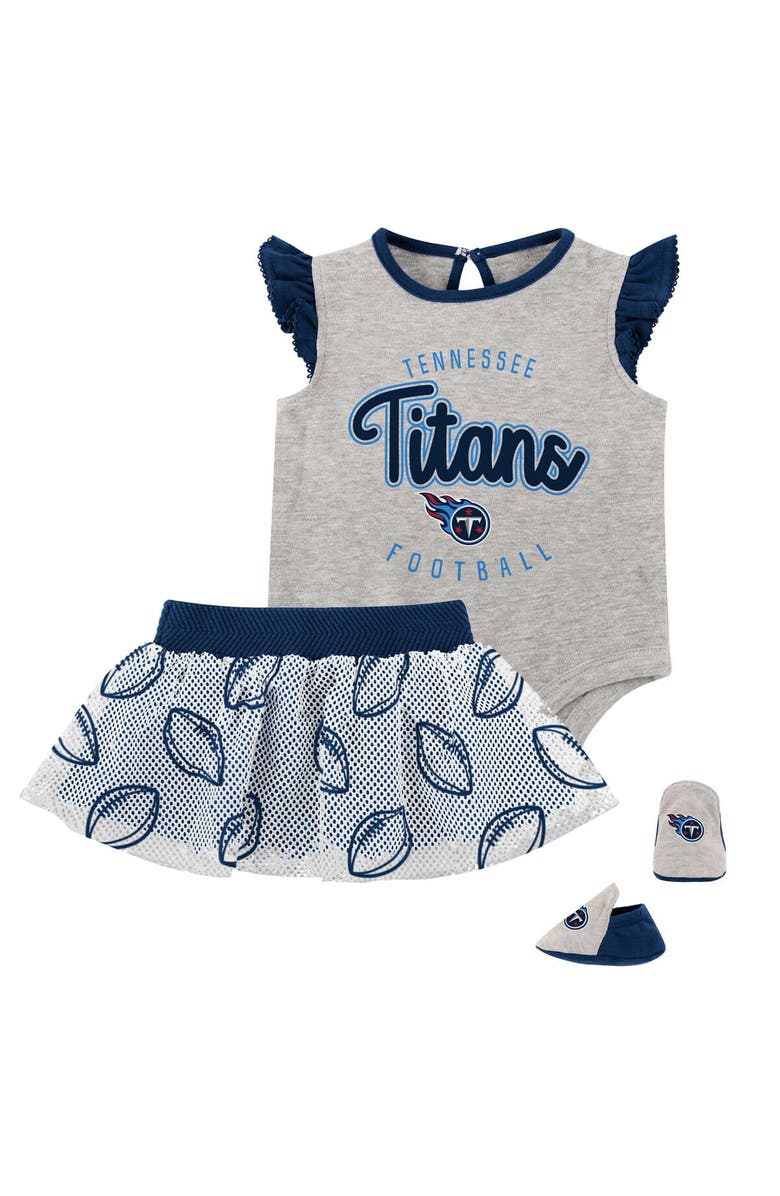 Outerstuff Girls Infant Heather Gray/Navy Tennessee Titans All Dolled Up Three-Piece Bodysuit, Skirt & Booties Set, Main, color, Heather Gray