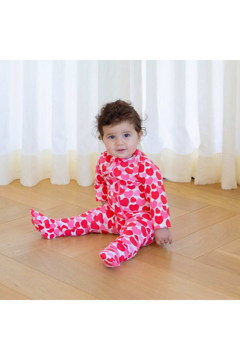 Organic Cotton Zip Footie in Space Bears, Alternate, color, Red & Pink Hearts