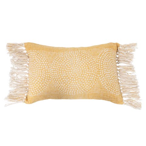 Stonewashed Cotton Slub Lumbar Pillow with Dot Pattern and Fringe