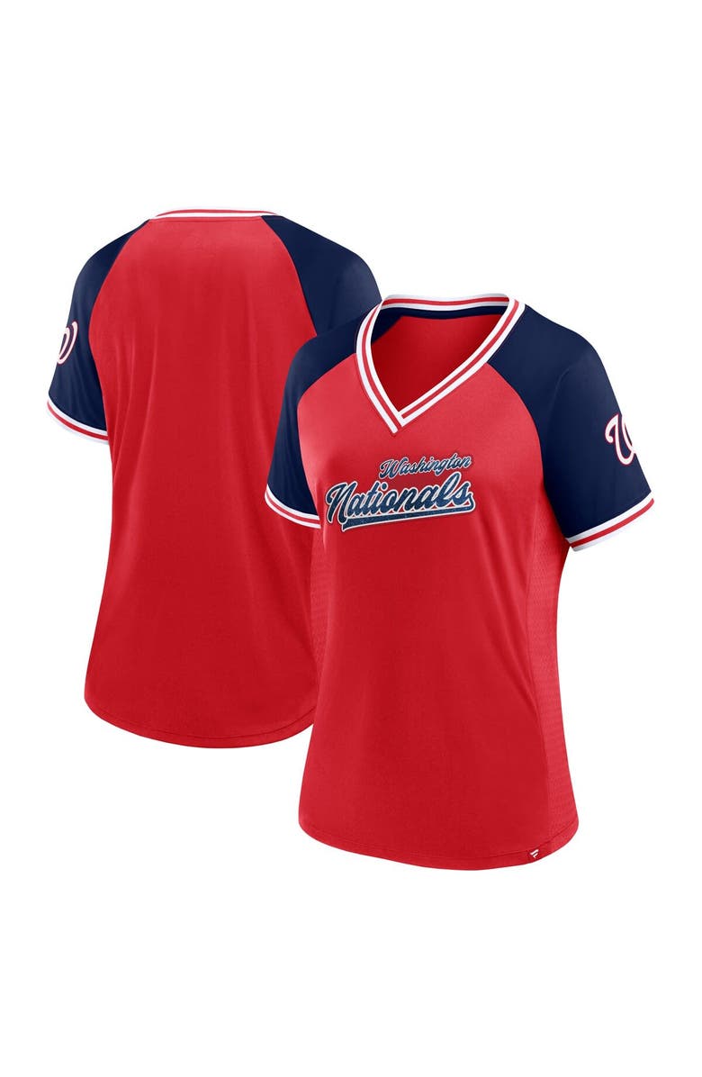 FANATICS Women's Fanatics Branded Red Washington Nationals Glitz & Glam League Diva Raglan V-Neck T-Shirt, Main, color, Red