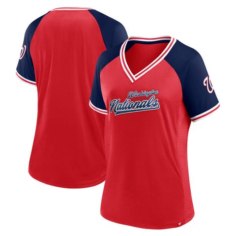 Women's Fanatics Branded Red Washington Nationals Glitz & Glam League Diva Raglan V-Neck T-Shirt
