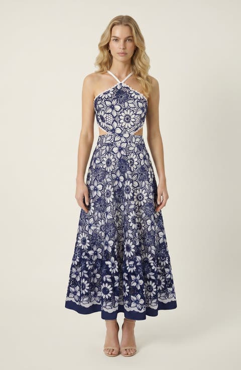 Halter Dress with Vintage Embroidery and Cutout Waist