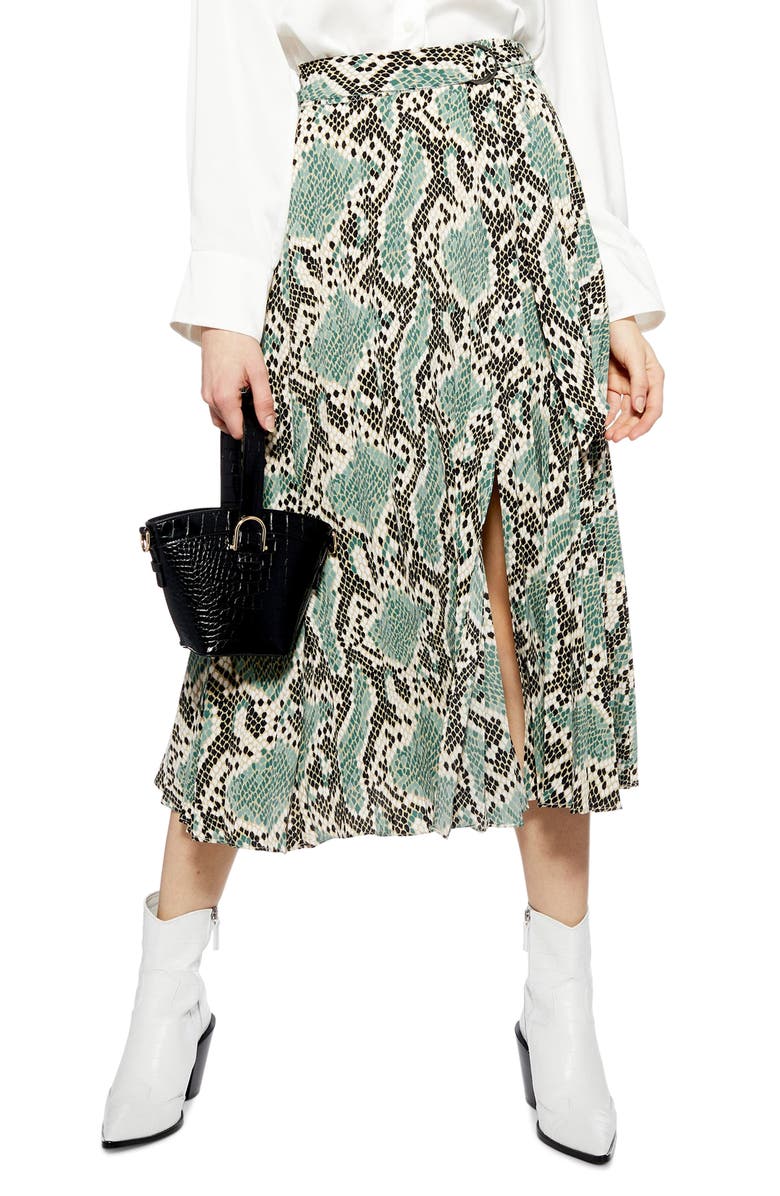 Topshop Python Print Pleat Midi Skirt, Main, color, 