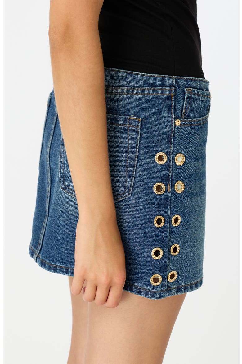 Ninfa Grommet Embellished Denim Miniskirt, Alternate, color, GOLD TINT WASH