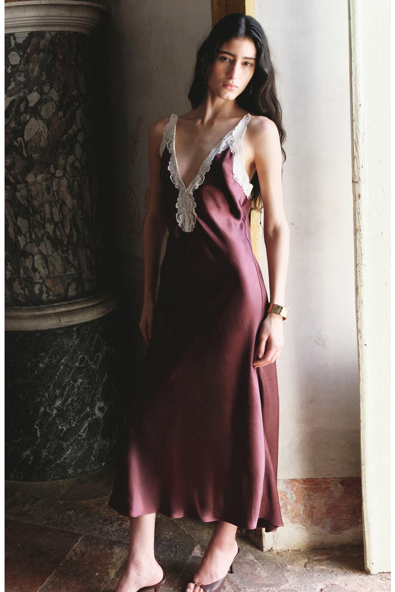Lace Trim Satin Slipdress, Alternate, color, MAROON