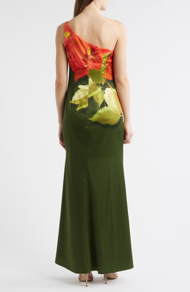 Vince Camuto Placed Print One-Shoulder Satin Gown, Alternate, color, Olive