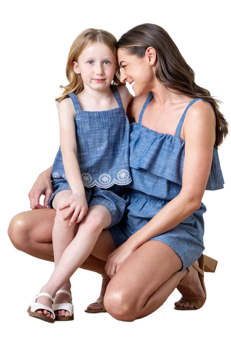 Women's Organic Ruffle Top Romper, Main, color, Chambray Ruffle