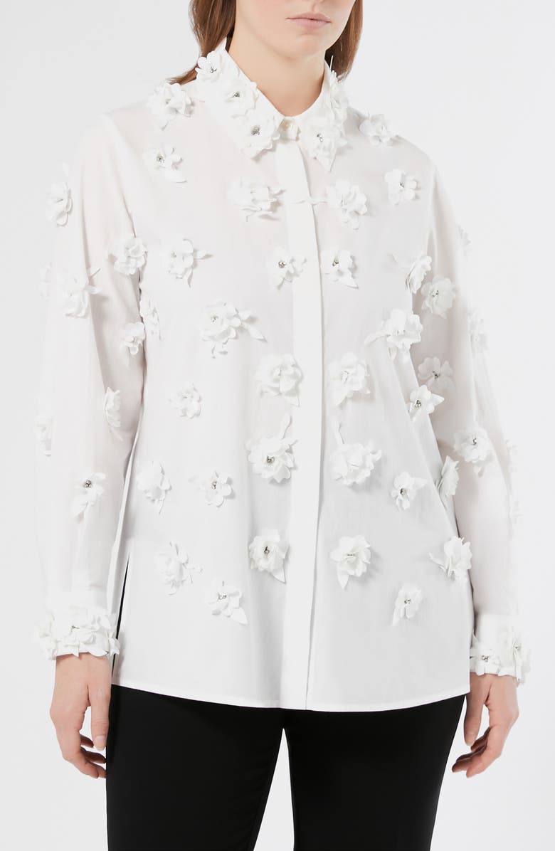 Marina Rinaldi Fidato Crystal Flower Button-Up Shirt, Main, color, Optical White