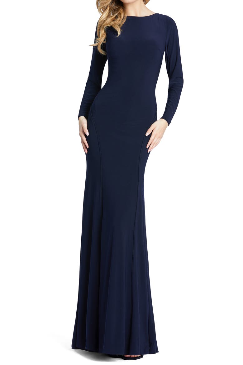 Long Sleeve Jersey Trumpet Gown, Main, color, MIDNIGHT