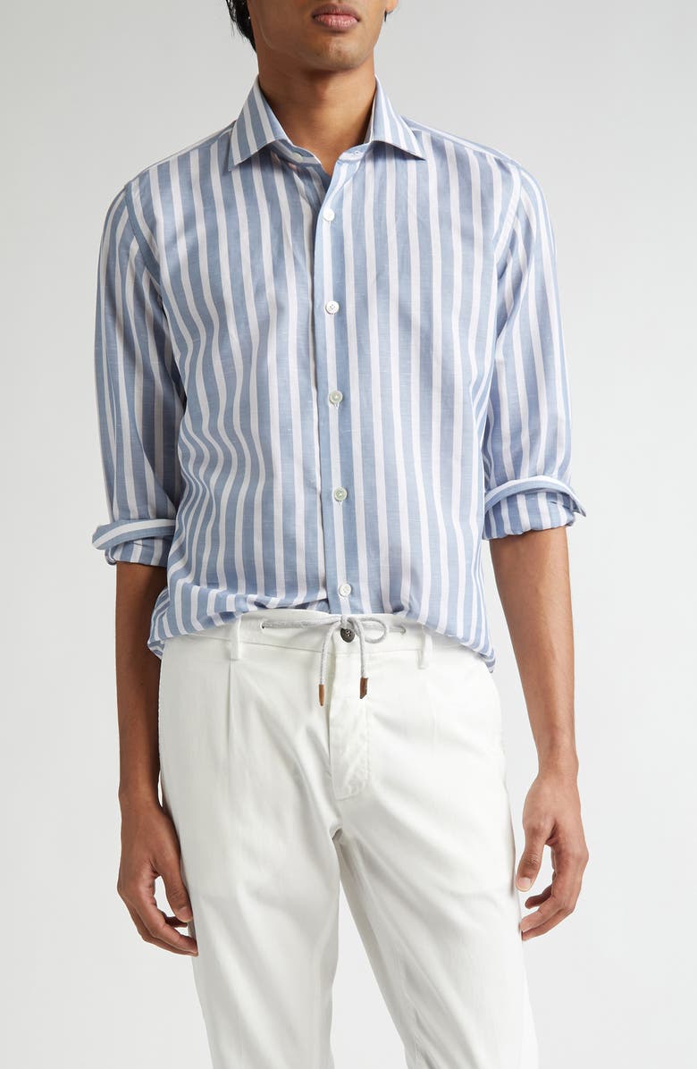 Eleventy Dandy Stripe Cotton & Linen Button-Up Shirt, Main, color, 