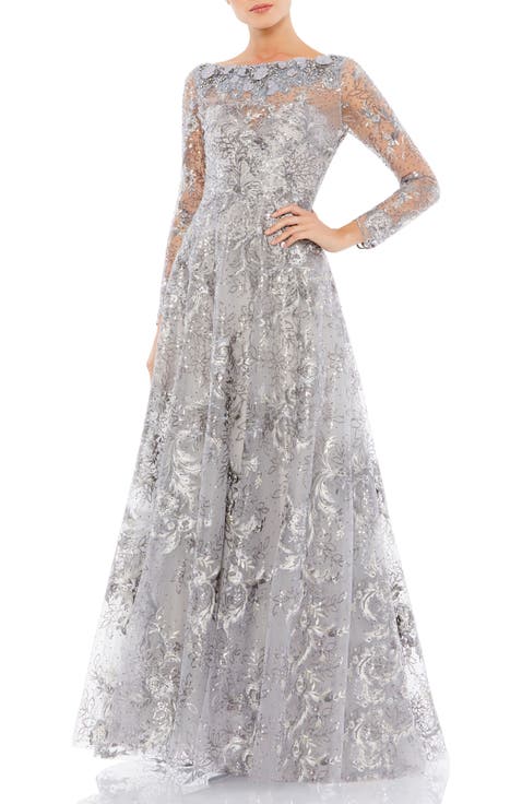 Floral Rhinestone Embroidered Sweetheart Illusion Long Sleeve Gown