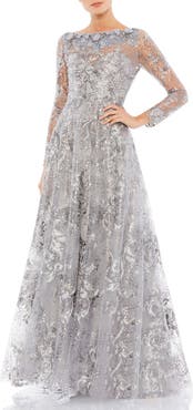 Mac Duggal Floral Rhinestone Embroidered Sweetheart Illusion Long Sleeve Gown