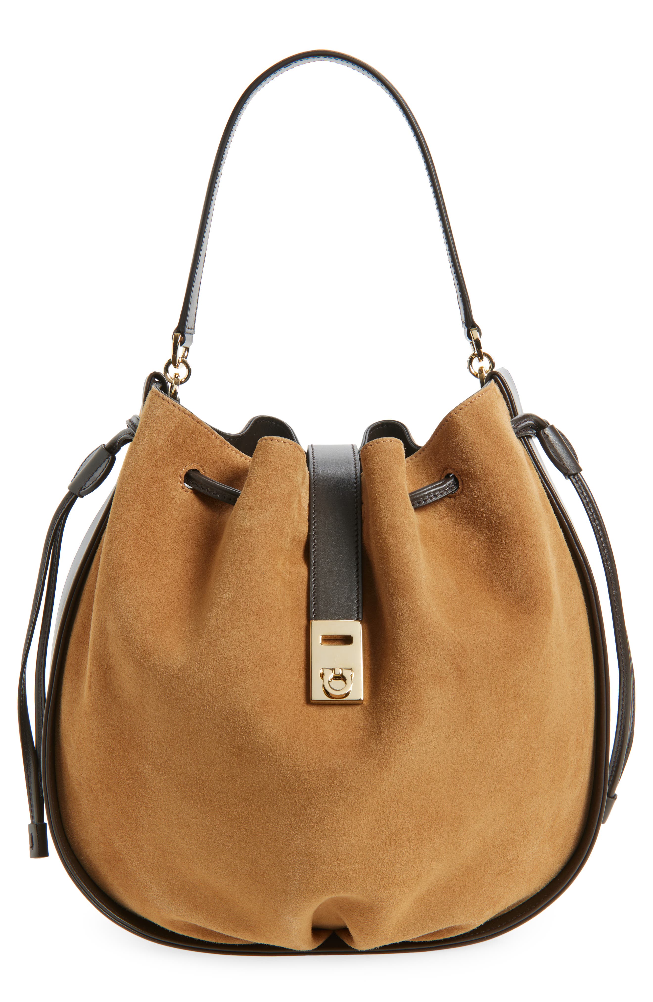 FERRAGAMO Hug Leather & Suede Bucket Bag, Main, color, Naturale 6 Testa Di Moro