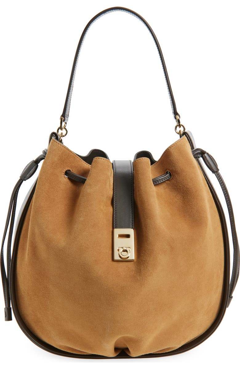 FERRAGAMO Hug Leather & Suede Bucket Bag, Main, color, Naturale 6 Testa Di Moro
