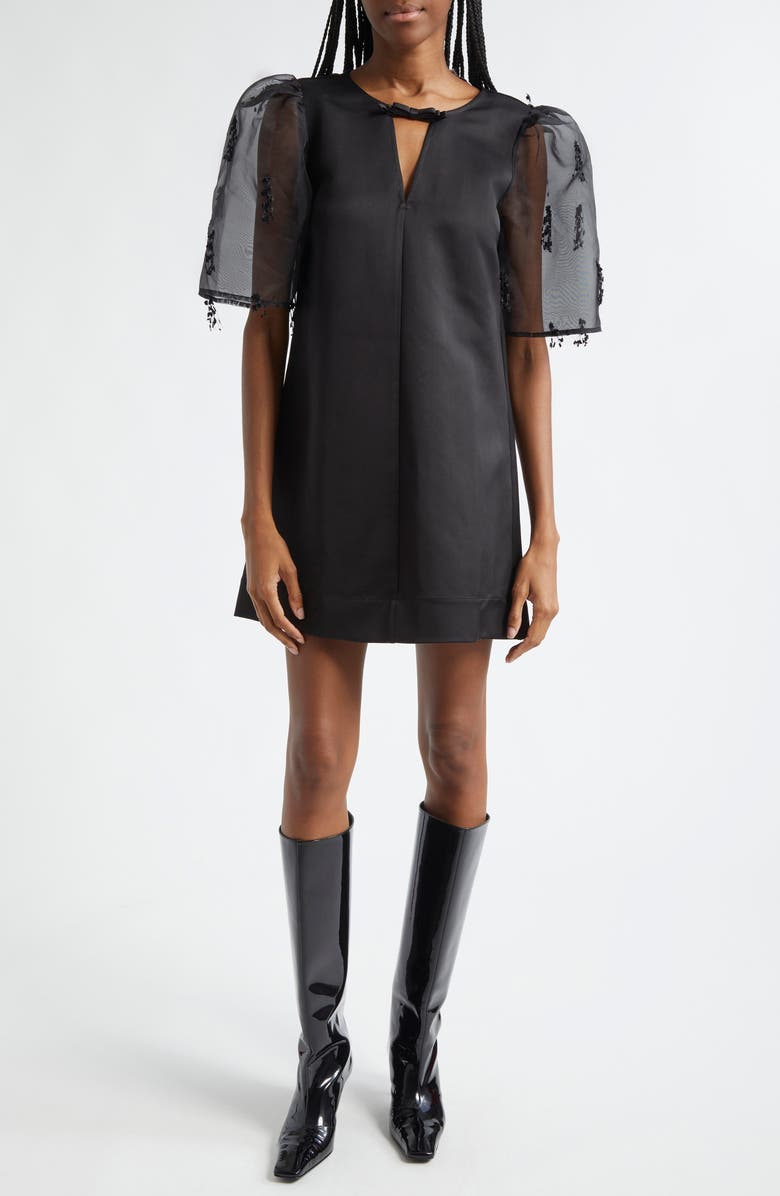 Ganni Fringe Detail Organza Minidress, Main, color, Black