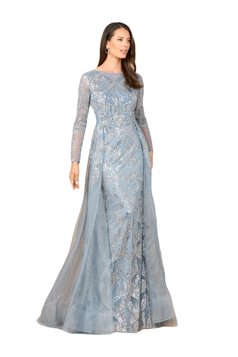 Long Sleeve Gown with Overskirt & High Neck, Main, color, Gunmetal