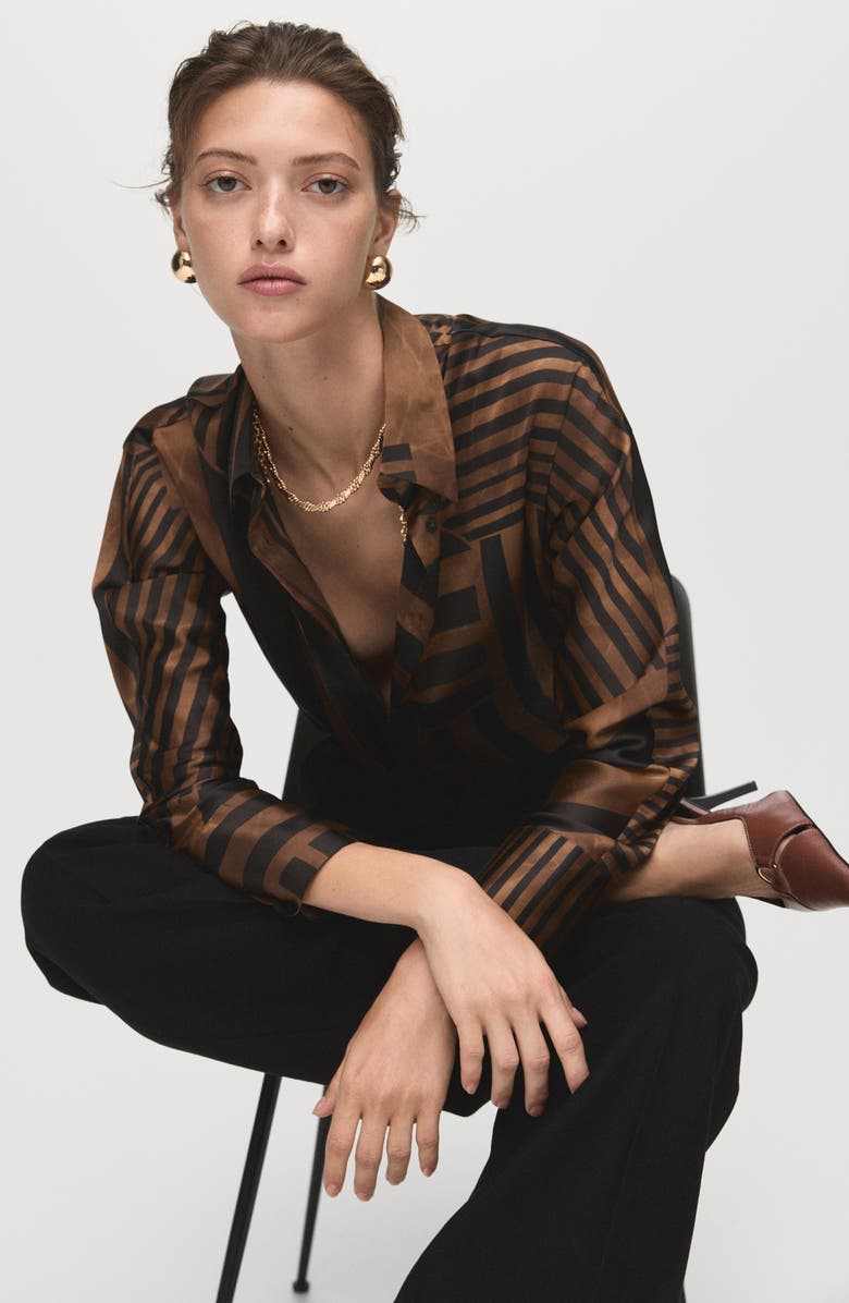 MANGO Stripe Satin Button-Up Shirt, Alternate, color, Brown