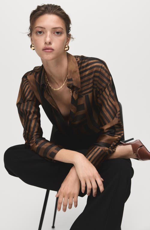Mango Stripe Satin Button-up Shirt In Brown