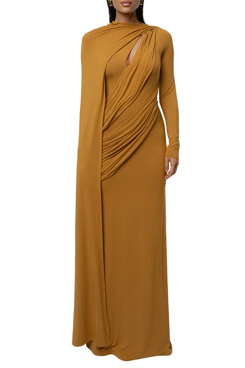 Draped Elegance Long Sleeve Gown, Main, color, GOLD