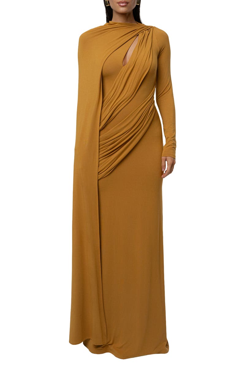 JLUXLABEL Draped Elegance Long Sleeve Gown, Main, color, Gold