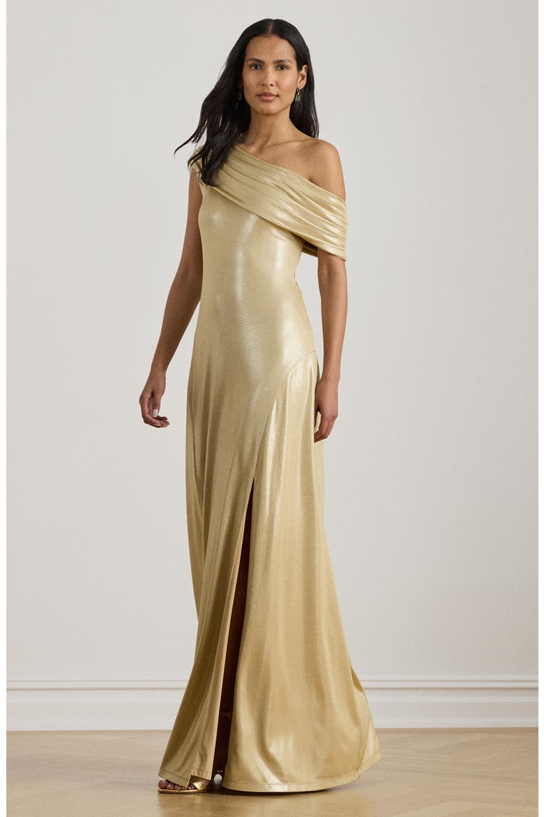 One-Shoulder Metallic Jersey Gown, Alternate, color, BIRCH BEIGE FOIL