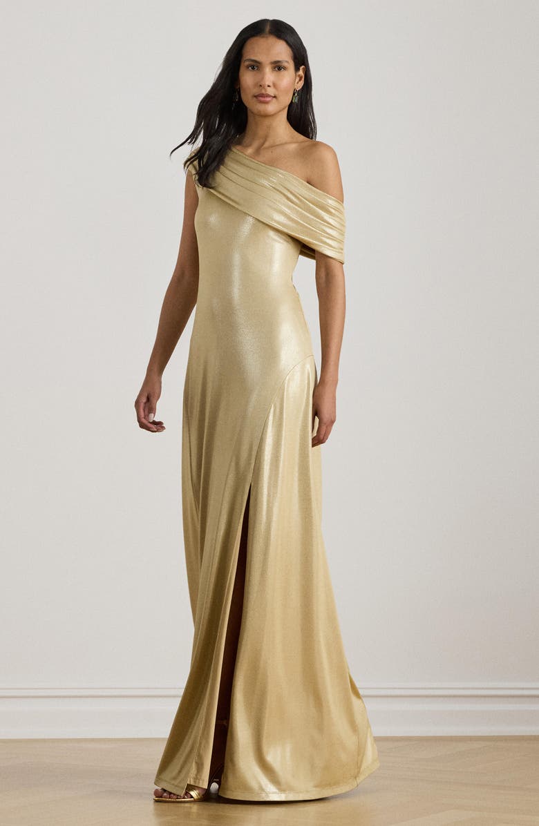 Lauren Ralph Lauren One-Shoulder Metallic Jersey Gown, Alternate, color, Birch Beige Foil