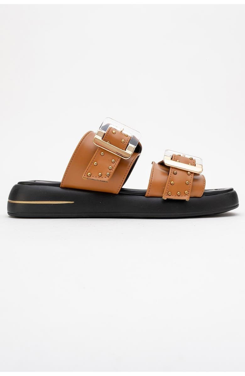 Prologue Shoes Zley Buckle Sandal, Alternate, color, Cognac Faux Leather