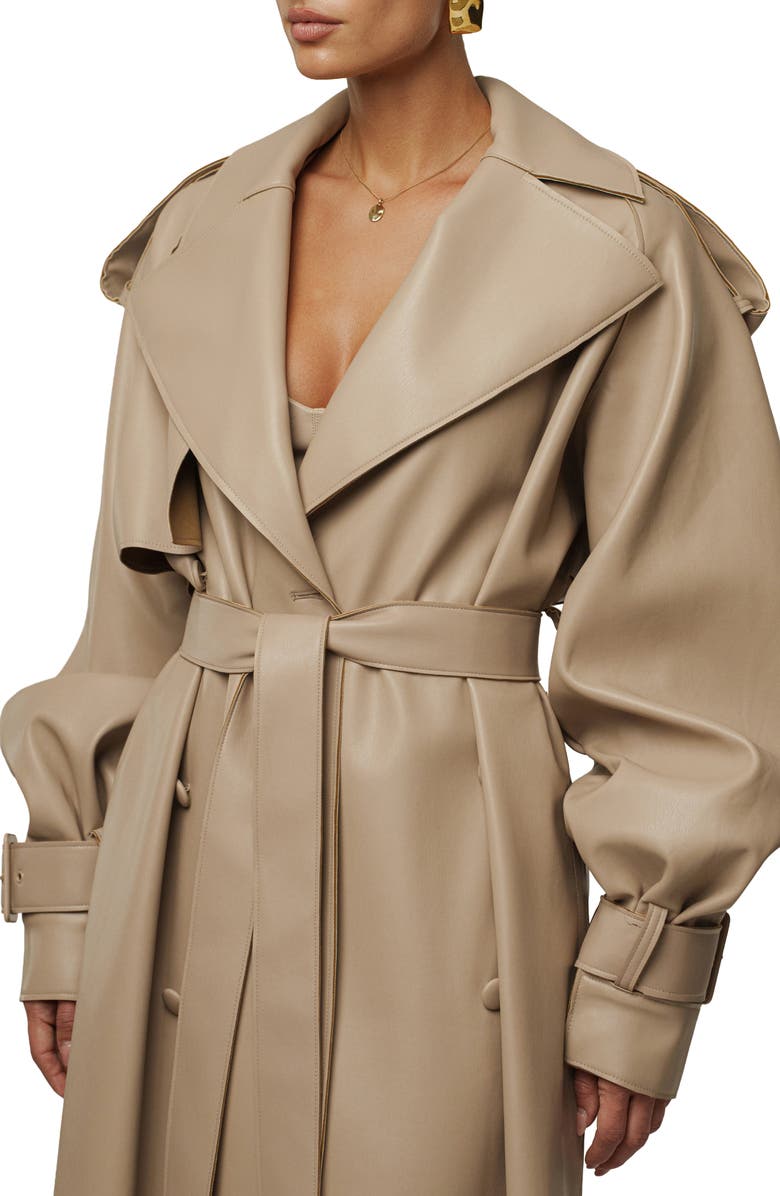 JLUXLABEL Icon Double Breasted Faux Leather Trench Coat, Alternate, color, Tan