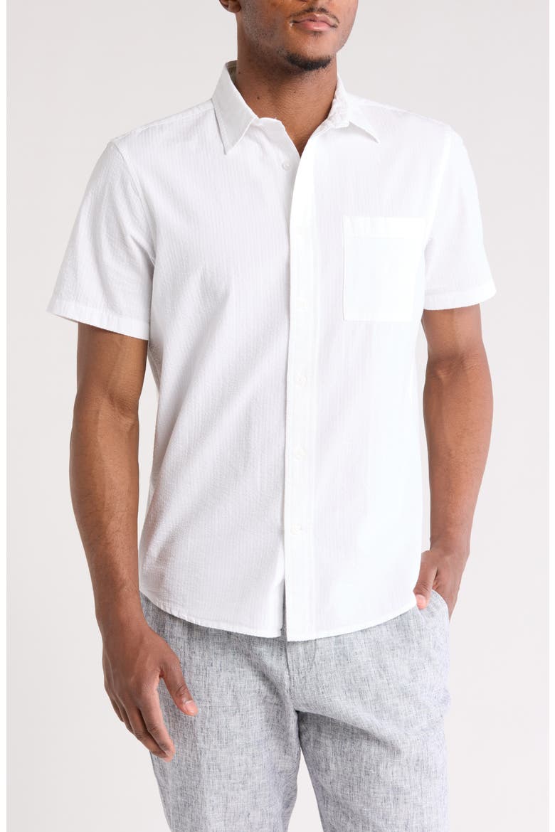 Seersucker Short Sleeve Cotton Button-Up Shirt, Main, color, WHITE