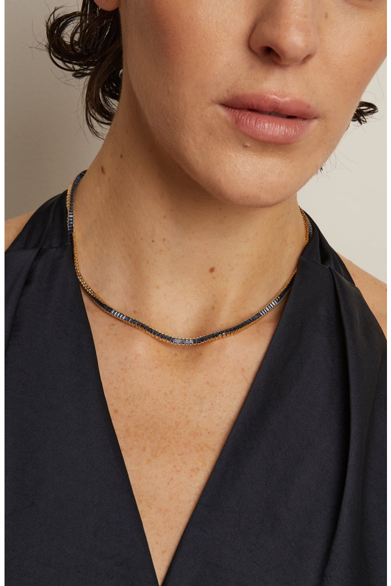 Lab Grown Blue Sapphire Baguette Tennis Necklace, Alternate, color, Yellow Gold Vermeil