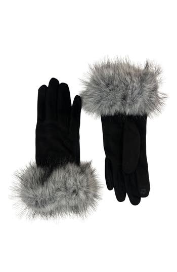 Marcus Adler Faux Suede Gloves With Faux Fur Cuffs In Black