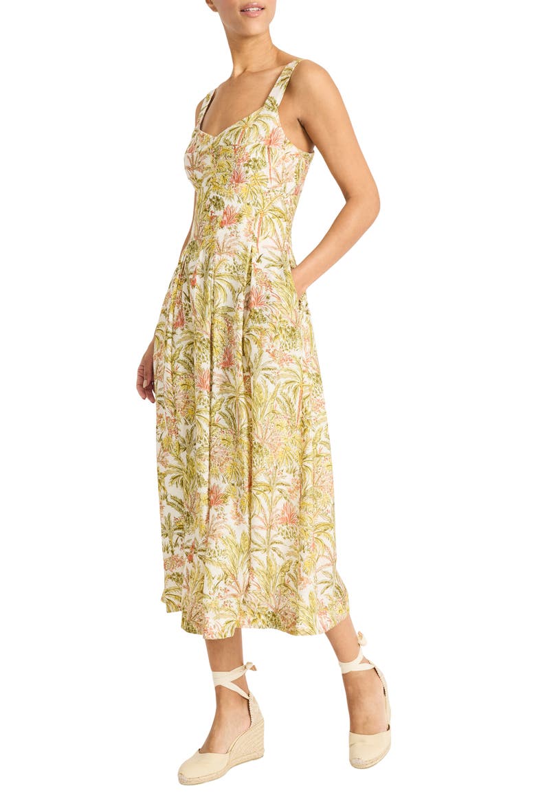 Palm Print Empire Waist Fit & Flare Midi Dress, Alternate, color, IVORY/ LEMON