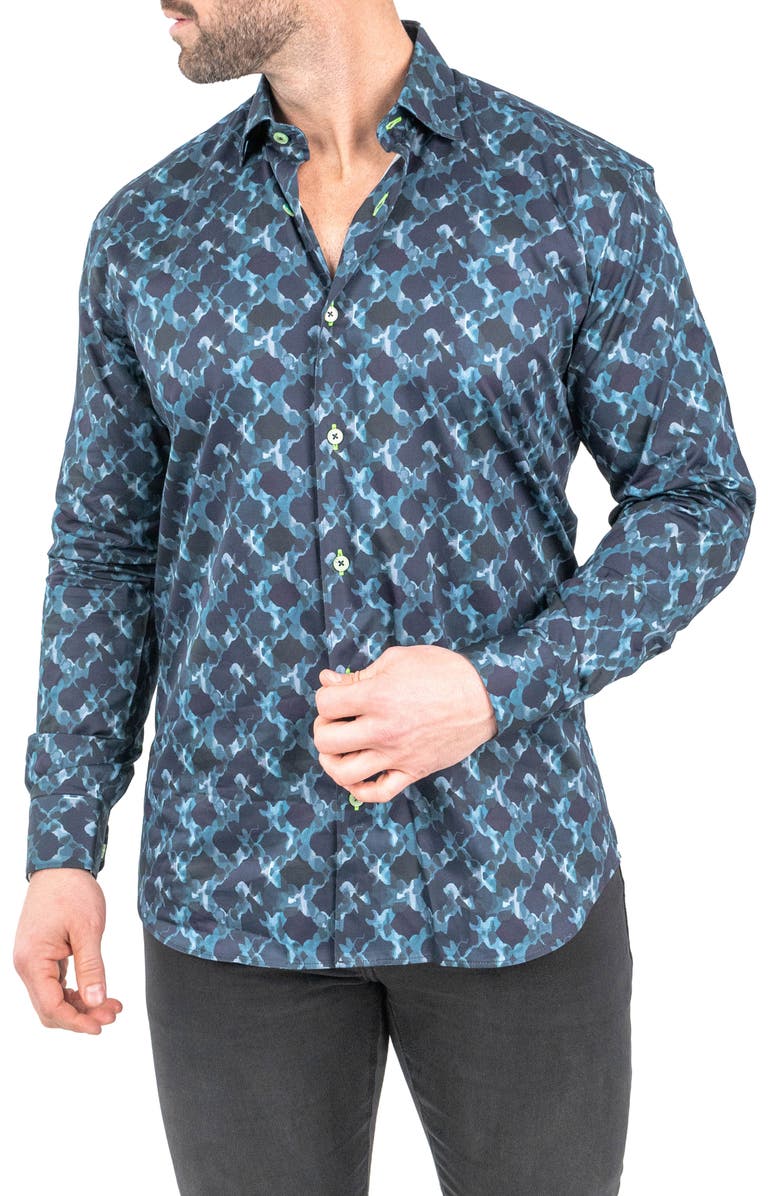 Maceoo Fibonacci Watermarks Navy Contemporary Fit Button-Up Shirt, Alternate, color, Blue