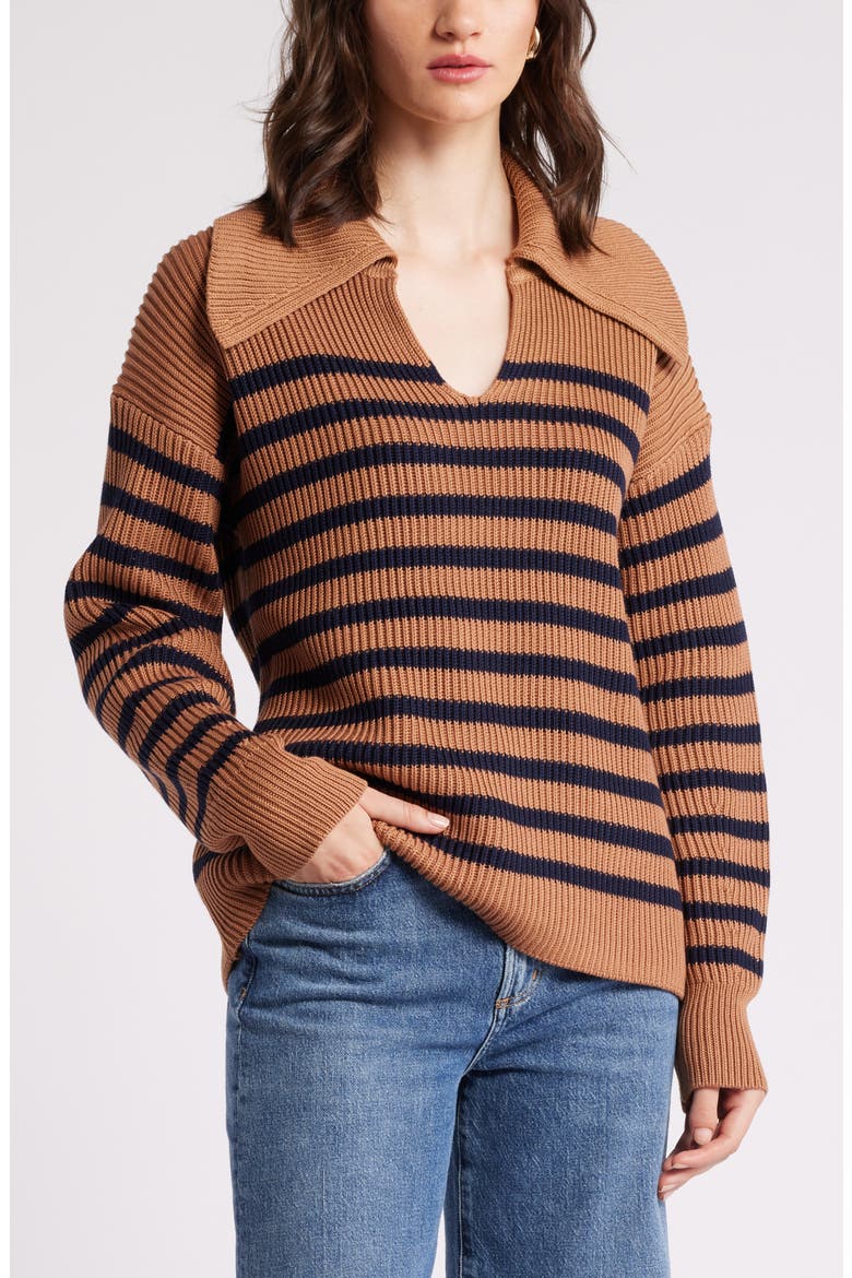 Stripe Long Sleeve Cotton Sweater, Main, color, TAN- NAVY STRIPE