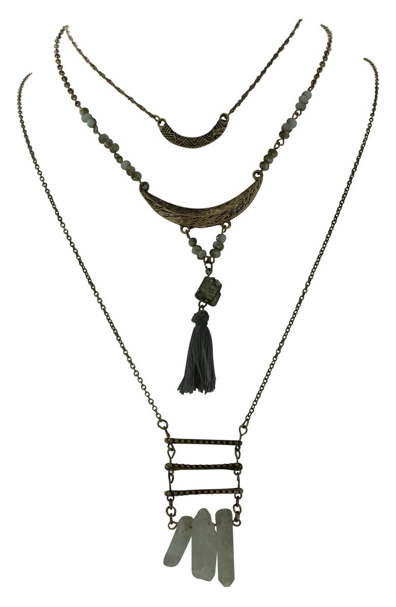 OLIVIA WELLES Mixed Tassel & Stone Pendant Layered Necklace, Main, color, Burnished Gold / Grey