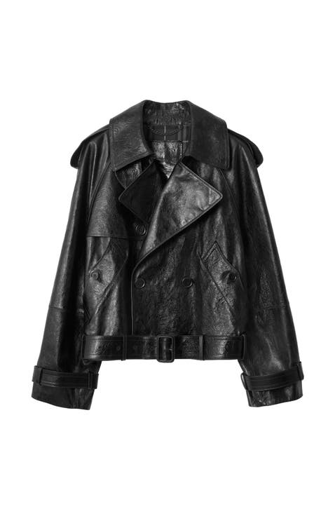 Cropped Embossed Leather Trench Jacket
