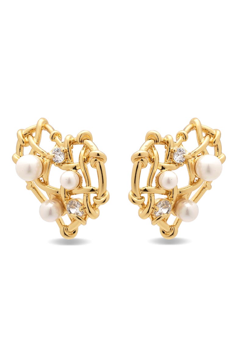 Sable Heart Faux Pearl & Cubic Zirconia Earrings, Alternate, color, GOLD